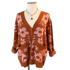 IN BLOOM Rust Brown Pink Floral Knit Cardigan V-Neck Size Small - Medium